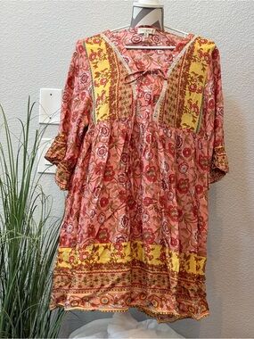 Umgee Pink Floral Mini Dress with Yellow Accent